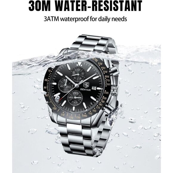 BY BENYAR Men's Silver Analog Quartz Chronograph Watch 30M Waterproof Luminous - Picture 4 of 8